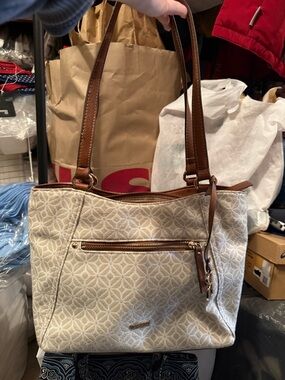 Rosetti Cream Patterned Tote with Brown Leather Straps